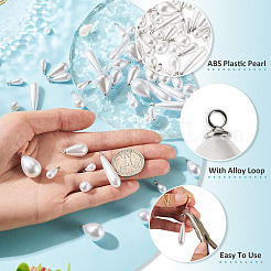 80個、8種類のスタイルのABSプラスチックパールペンダント  ティアドロップ  合金ループ付き  プラチナ  11.5~32x5.5~13mm  穴：1.6mm  10個/スタイル&nbsp;FIND-TA0010-50