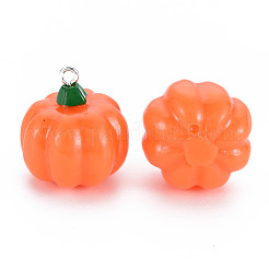 秋のテーマの不透明樹脂ペンダント  プラチナトーンのアイアンループ付き  カボチャ  サンゴ  24.5x23.5mm  穴：2mm&nbsp;X-RESI-S356-079