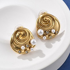 304ステンレススチールクリアキュービックジルコニアスタッドピアス  プラスチック模造パールと  リアル18kグロッドメッキ  シェル形状  20x20mm&nbsp;EJEW-R020-05G-03