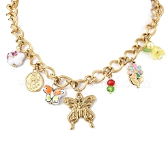 304 Stainless Steel Butterfly & Acrylic & Ceramic Flower Pendant Necklaces for Women&nbsp;NJEW-A063-13G