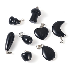 天然黒曜石ペンダント8個、8スタイル  プラチナブラスループ付き  混合図形  14~29x11~21x5~15mm  穴：2~6x2.4~7mm  1個/スタイル&nbsp;G-TA0002-29