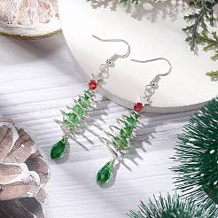 Christmas Tree with Star Brass Wired Glass Dangle Earrings&nbsp;EJEW-JE06126