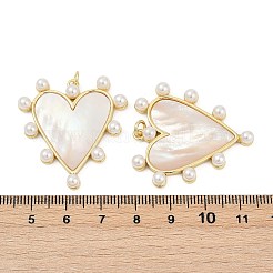 真鍮パヴェ天然淡水貝ペンダント  ABSプラスチックパール付きハートチャーム  18KGP本金メッキ  カドミウムフリー＆鉛フリー  持続的なメッキ  ラックめっき  35x32.5x5mm  穴：3.5mm&nbsp;X-KK-U058-25G-02