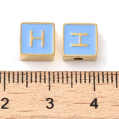 304ステンレススチールエナメルビーズ  14KGP本金メッキ  文字のある正方形  文字h  8x8x4mm  穴：2mm&nbsp;STAS-L022-293G-H