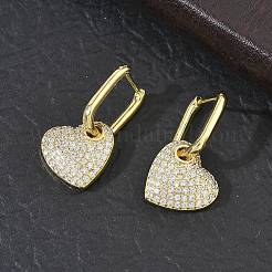 真鍮製マイクロパヴェキュービックジルコニアフープピアス（女性用）  ハート  ラックめっき  長持ちメッキ  鉛フリー＆カドミウムフリー  18KGP本金メッキ  29x17mm&nbsp;EJEW-A167-14G
