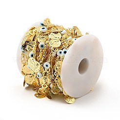 ガラス フラット ラウンド エナメルナザールボンジュウビーズ チェーン付き  本物の 18k 金メッキ真鍮コイン チャーム チェーン リンク チェーン付き  鉛フリー＆カドミウムフリー  ハンダ付け  スプールで  ホワイト  19x6x3mm  13x5x1mm&nbsp;CHC-G017-23G-03
