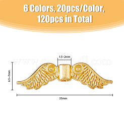 120 個 6 色の合金ビーズ  ウイング  ミックスカラー  7x23x3mm  穴：1.5mmと6.5x23x4mm  穴：2mm  20個/カラー&nbsp;FIND-FH0006-33