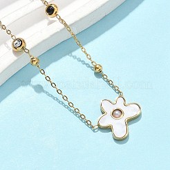 女性用フラワー 304 ステンレス ペンダント ネックレス & スタッド イヤリング セット  プラスチック製の模造真珠と合成貝殻を使用  イオンプレーティング（ip）  ゴールドカラー  16.14インチ（410mm）&nbsp;SJEW-B020-02G