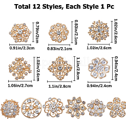 12 個 12 スタイルクリスタルラインストーンフラワーブローチピン  女性のための合金バッジ  ゴールドカラー  20~28x20~28x3.5~8mm  1個/スタイル&nbsp;JEWB-GF0001-36A