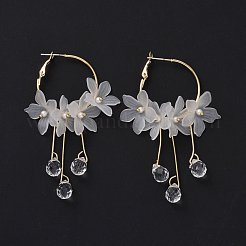 ガラス製のタッセルをあしらったアクリル製イミテーション シェル フラワー ダングル フープ イヤリング、スターリング シルバーのピン 925 本  女性のための鉄のアクセサリー  透明  69mm  ピン：0.7mm&nbsp;EJEW-L281-06LG