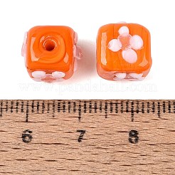 手作りのでこぼこランプワークビーズ  キューブと花  オレンジ  10.5~12x10.5~12x9.5~10.5mm  穴：1.4~1.6mm&nbsp;LAMP-N042-22A-03