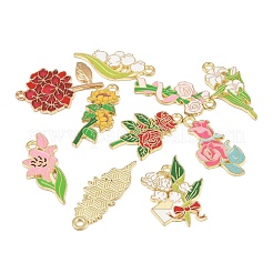10個10スタイルアロイエナメルペンダント  花の形のチャーム  ゴールドカラー  ミックスカラー  29~33x12~22x1.5mm  穴：2mm  1個/スタイル&nbsp;ENAM-L054-01G