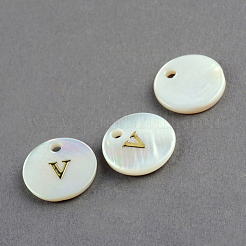 淡水シェルペンダント  フラットラウンドゴールドブロッキングletter.v  11.5x2mm  穴：1.5mm&nbsp;SSHEL-S249-V