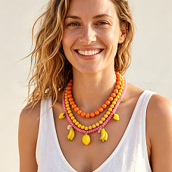 Alloy Enamel & Resin Lemon Banana Tassel 3 Layer Bib Necklaces for Women&nbsp;WG73E1C-01