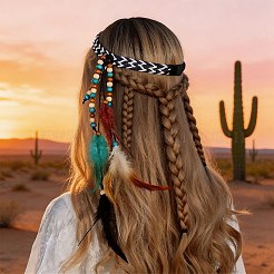 1ピースボヘミアンフェザーヘッドバンドヘアエクステンションヘッドピース  祭りのヘッドドレス、ヘッドバンド、羽根のヘアアクセサリー  ブラック  380mm&nbsp;AJEW-DJ0001-51B