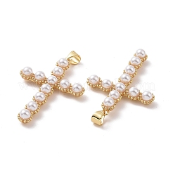 プラスチック模造パールのペンダント  真鍮パーツ  クロスチャーム  18KGP本金メッキ  39.5x26.5x5.5mm  穴：4x5.5mm&nbsp;KK-G453-06G