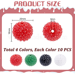 40個 4色チャンキーレジンラインストーンフーセンガム風ボールビーズ  ラウンド  ミックスカラー  20x18mm  穴：3mm  10個/カラー&nbsp;RESI-GA0001-34