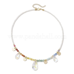 Glass Teardrop & Brass Disc Pendant Necklaces&nbsp;NJEW-JN05191