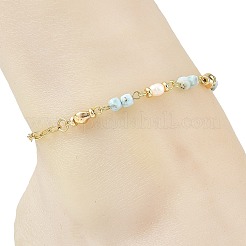 Faceted Cube Natural Larimar Brass Paperclip Chain Anklets with Natural Pearl for Women&nbsp;AJEW-AN00887