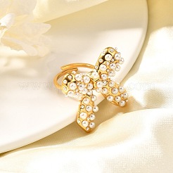 女性用 蝶結び 304 ステンレススチール カフリング  シェルパール付き  18KGP本金メッキ  内径：17mm&nbsp;RJEW-A058-01A-G