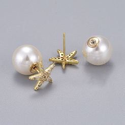 真鍮マイクロペーブクリアキュービックジルコニアスタッドピアス  アクリル模造パール付き  長持ちメッキ  スター  18KGP本金メッキ  11.5x12mm  ピン：0.7mm&nbsp;EJEW-K083-07G