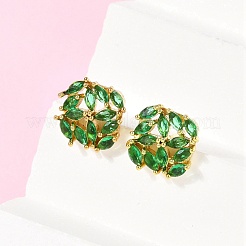 真鍮製マイクロパヴェキュービックジルコニアスタッドピアス  ラックめっき  長持ちメッキ  正方形  ゴールドカラー  ライムグリーン  12.5x12.5mm&nbsp;KK-F358-02G-02