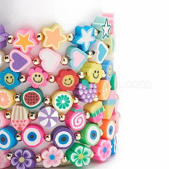 7 個 7 スタイル スター & 笑顔 & 花ポリマークレイ ストレッチ ブレスレット セット ガラス パール ビーズ  女性用フルーツキャンディープレッピーブレスレット.  ミックスカラー  内径：2-1/8インチ（5.3cm）  1個/スタイル&nbsp;BJEW-JB08786