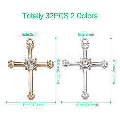 32個2色亜鉛合金ペンダント  ラインストーン付き  宗教のテーマ  クロスチャーム  ミックスカラー  30.5x21x4mm  穴：2mm  16個/カラー&nbsp;ALRI-CW0001-01