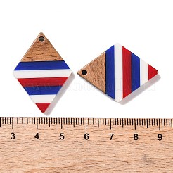 独立記念日の不透明ストライプ樹脂とクルミ材のペンダント  幾何学的なチャーム  菱形  33.7x24.3x3.4mm  穴：2mm&nbsp;RESI-U010-02Q