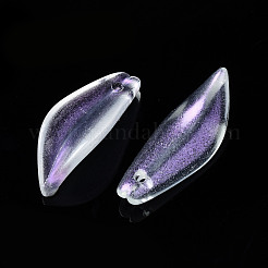 透明スプレー塗装ガラスペンダント  グリッターパウダー付き  葉  紫色のメディア  21.5x8x5mm  穴：1.2mm&nbsp;GGLA-S054-015B-02
