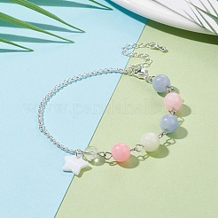 Natural White Jade(Dyed) Beaded Bracelet with 304 Stainless Steel Rolo Chains&nbsp;BJEW-JB08145-05
