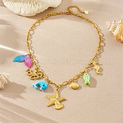 オーシャン304ステンレススチール＆プラスチックヒトデタツノオトシゴ魚ペンダントネックレスレディース  カラフル  ゴールドカラー  16.10インチ（40.9cm）&nbsp;NJEW-G180-04G
