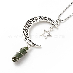 Natural Chinese Southern Jade Bullet with Alloy Moon and Star Pendant Necklace&nbsp;NJEW-JN03912-06