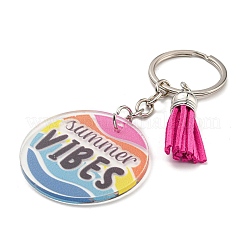 Acrylic Flat Round with Suede Tassel Pendant Keychain&nbsp;KEYC-G060-01D