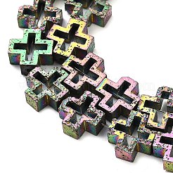 電気メッキされた天然溶岩岩ビーズ連売り  中空クロス  虹メッキ  10~10.5x10~10.5x4~4.5mm  穴：1mm  約35~37個/連  14.96''~15.75''（38~40センチメートル）&nbsp;G-K388-02B