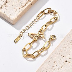 304ステンレススチールチャームブレスレット  女性用ペーパークリップチェーンブレスレット  蝶  ゴールドカラー  5-7/8インチ（15cm）&nbsp;LS-BJEW-F487-02G