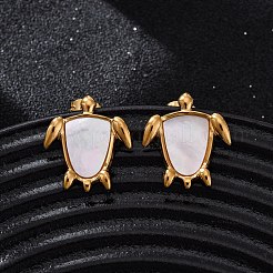 304ステンレススチール天然ホワイトシェルスタッドピアス  カメ  イオンプレーティング（ip）  18KGP本金メッキ  19.5x17mm&nbsp;EJEW-Z103-05G-02