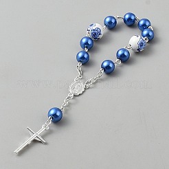Plastic Imitation Pearl and Porcelain Round Link Metal Virgin Cross Charm Rosary Bracelets&nbsp;BJEW-WH0041-51B