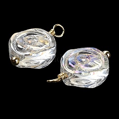 ガラスチャーム  ラックメッキ本物の18Kゴールドメッキ真鍮ループ付き  バラの花のチャーム  透明  16x10x4.5mm  穴：2mm&nbsp;KK-M266-07G