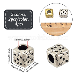 4個 2色 真鍮ヨーロピアンビーズ  大穴ビーズ  サイコロ  アンティークシルバー＆アンティーク金色  10x10x11mm  穴：5.5mm  2個/カラー&nbsp;KK-NB0004-18