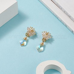 ガラスビーズフラワー、ティアドロップダングルクリップオンイヤリング  女性用ゴールデン 304 ステンレス ワイヤー ラップ ジュエリー  クリアAB  42mm&nbsp;EJEW-JE05206