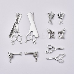 散髪テーマ  チベット風亜鉛合金チャーム  くし  ブロー乾燥機  はさみ  ヘアドライヤー＆シザー  ワードスタイリストとコーム＆シザー  アンティークシルバー  20個/セット&nbsp;TIBEP-X0185-77AS