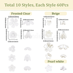 600個 10スタイル ABSプラスチック模造パール＆アクリルビーズキャップ  花  ホワイト  6~15x6.5~15x2.5~10.5mm  穴：1~1.5mm  60個/スタイル&nbsp;OACR-SC0002-33