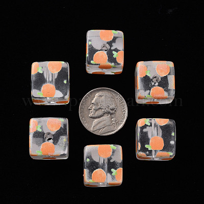 透明印刷アクリルビーズ  フルーツ模様の四角  オレンジ柄  16x16x16mm  穴：3mm&nbsp;MACR-S374-08A-07-1