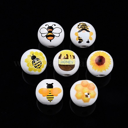 Bees Theme Printed Wooden Beads WOOD-D006-05-1