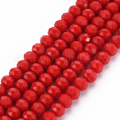 Opaque Solid Color Glass Beads Strands, Faceted, Rondelle, Red, 6x5mm, Hole: 1mm, about 80~85pcs/strand, 38~40cm