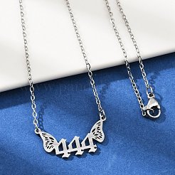 201 Stainless Steel Number 444 with Butterfly Wings Pendant Necklaces&nbsp;LS-NJEW-P332-01B-P