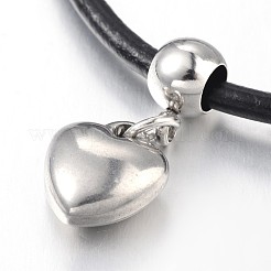 ハート 304 ステンレススチール チャーム ブレスレット  牛革レザーコード付き  ステンレス鋼色  185x2.5mm&nbsp;BJEW-JB01995