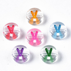 無色透明アクリルビーズ  水平穴  混合色の文字が付いたフラットラウンド  文字.v  7x3.5mm  穴：1.2mm  約3700個/500g&nbsp;MACR-N008-56V