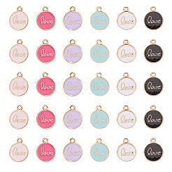 合金ペンダントフォアエナメル  カドミウムフリー＆鉛フリー  ワード「love」を刻まれたフラットラウンド  ゴールドカラー  ミックスカラー  15x12x2mm  穴：1.6mm  6色  5個/カラー  30個/箱&nbsp;ENAM-CJ0001-32